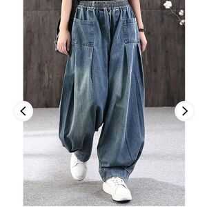 BUYKUD Women's Plus Size Casual Loose Wide Leg Jeans Denim Bloomers Elastic Wais